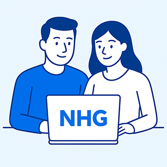 Illustratie van een stel dat samen online een NHG hypotheek aanvraagt via laptop