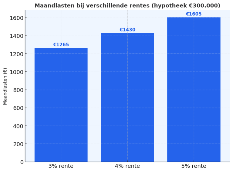 Staafdiagram met maandlasten van een hypotheek van €300.000 bij 3%, 4% en 5% rente in 2025